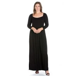 Plus Size 24seven Comfort Apparel Empire Waist Long Sleeve Pleated Maxi Dress Black