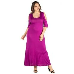 Plus Size 24seven Comfort Apparel Elbow Length Sleeve Cold Shoulder Maxi Dress Magenta