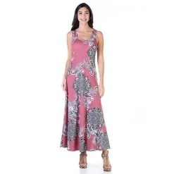 Women's 24Seven Comfort Apparel Paisley Casual Maxi Dress Pink Gray