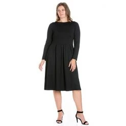 Plus Size 24seven Comfort Apparel Long Sleeve Fit And Flare Midi Dress Red