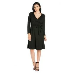 Women's 24seven Comfort Apparel V-Neck Long Sleeve Skater Dress Black